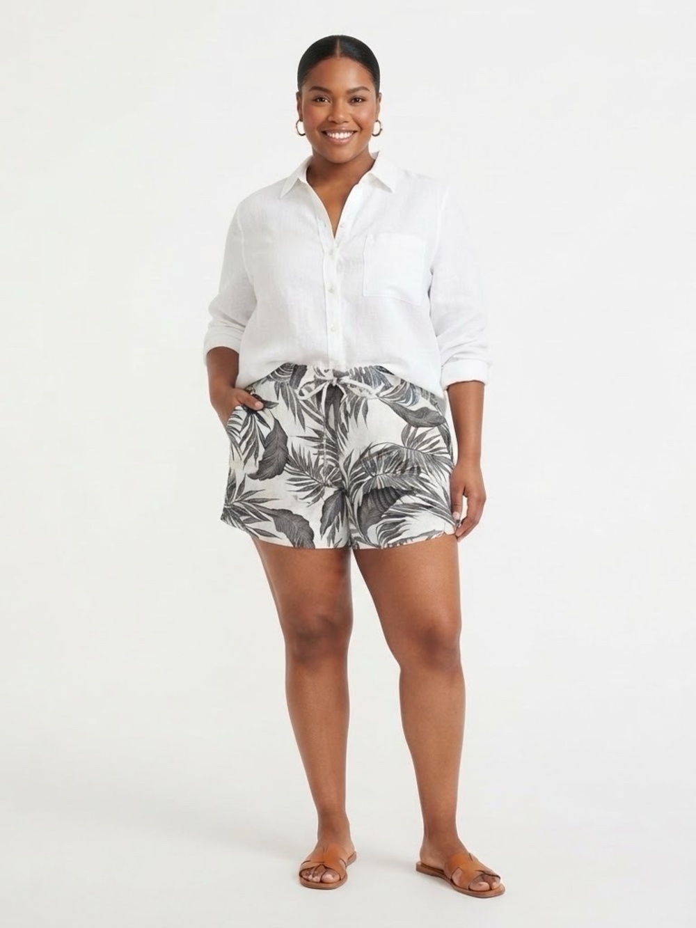 Tahari Plus Size 3X Black White Palm Leaf Linen Drawstring Shorts Vacation Vibe